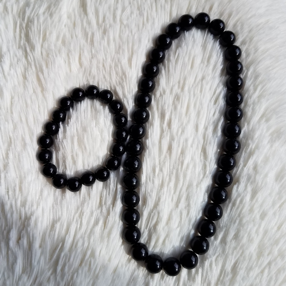 Black Beaded Necklace and Bracelet Set